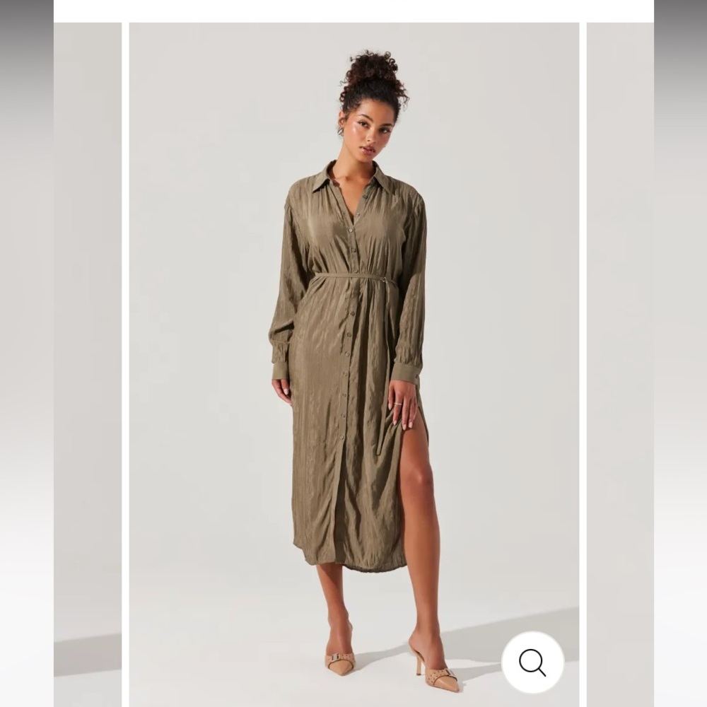 NWT Astr Olive Long Sleeve Belted Midi Shirt Dress
